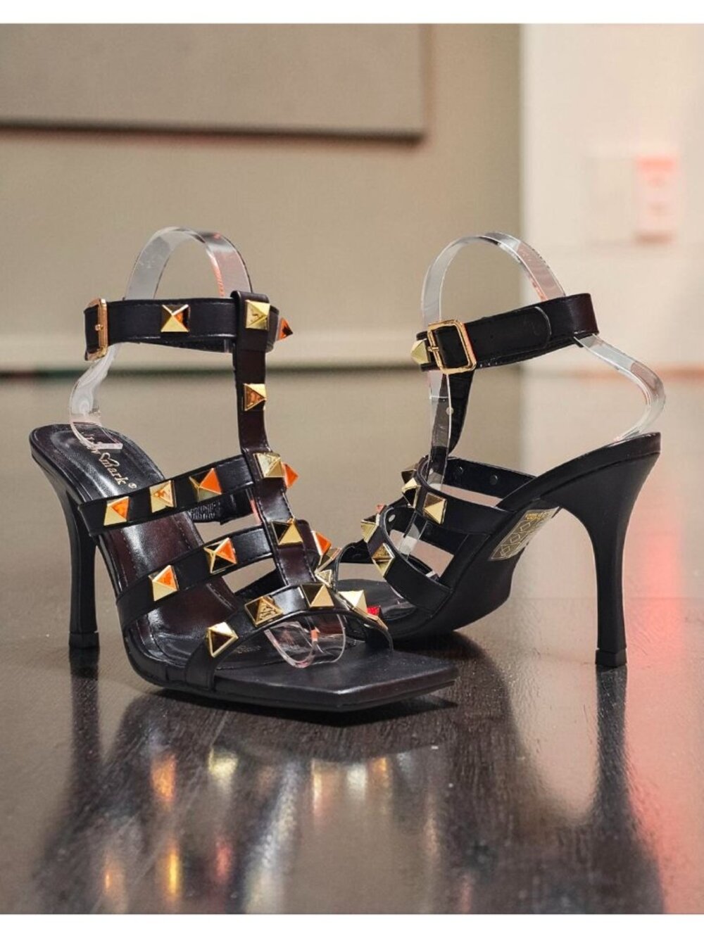 Black Studded High Heel Sandals With Square Toe & Adjustable Ankle Strap